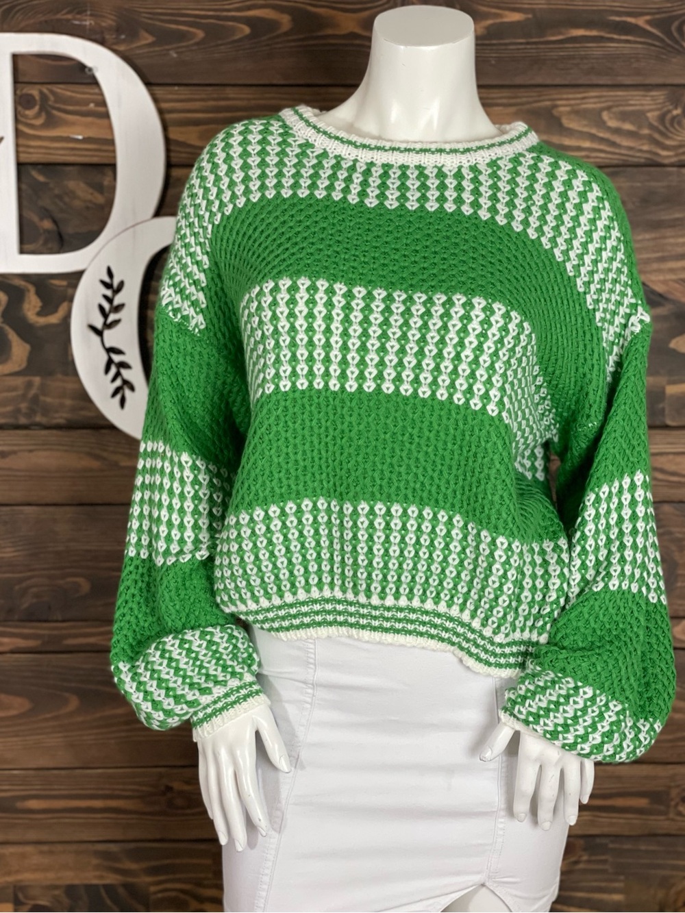 SHEIN Drop Shoulder Pullover Green & White Striped Chunky Knit Sweater Crewneck